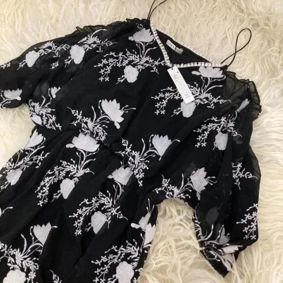 Alice + Olivia Holden Embroidered Cold-shoulder Dress In Black/ Off White - Picture 8 of 8